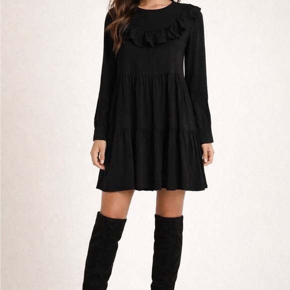 Zara Dresses & Skirts - Zara Black Long Sleeve Smock Tier Dress with Ruffle Detail Flowy Soft Small